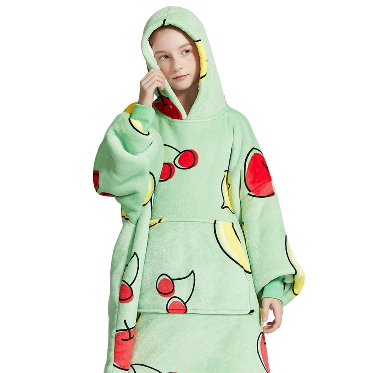 Kids' Fruit Print Blanket Hoodie with a Sherpa Lining