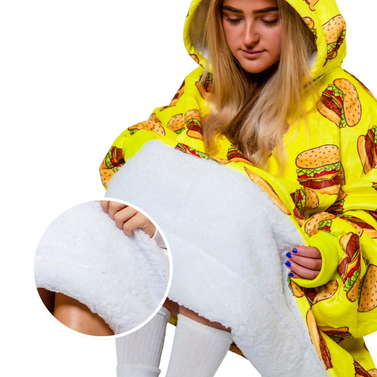 Burger Print Blanket Hoodie with a Sherpa Lining