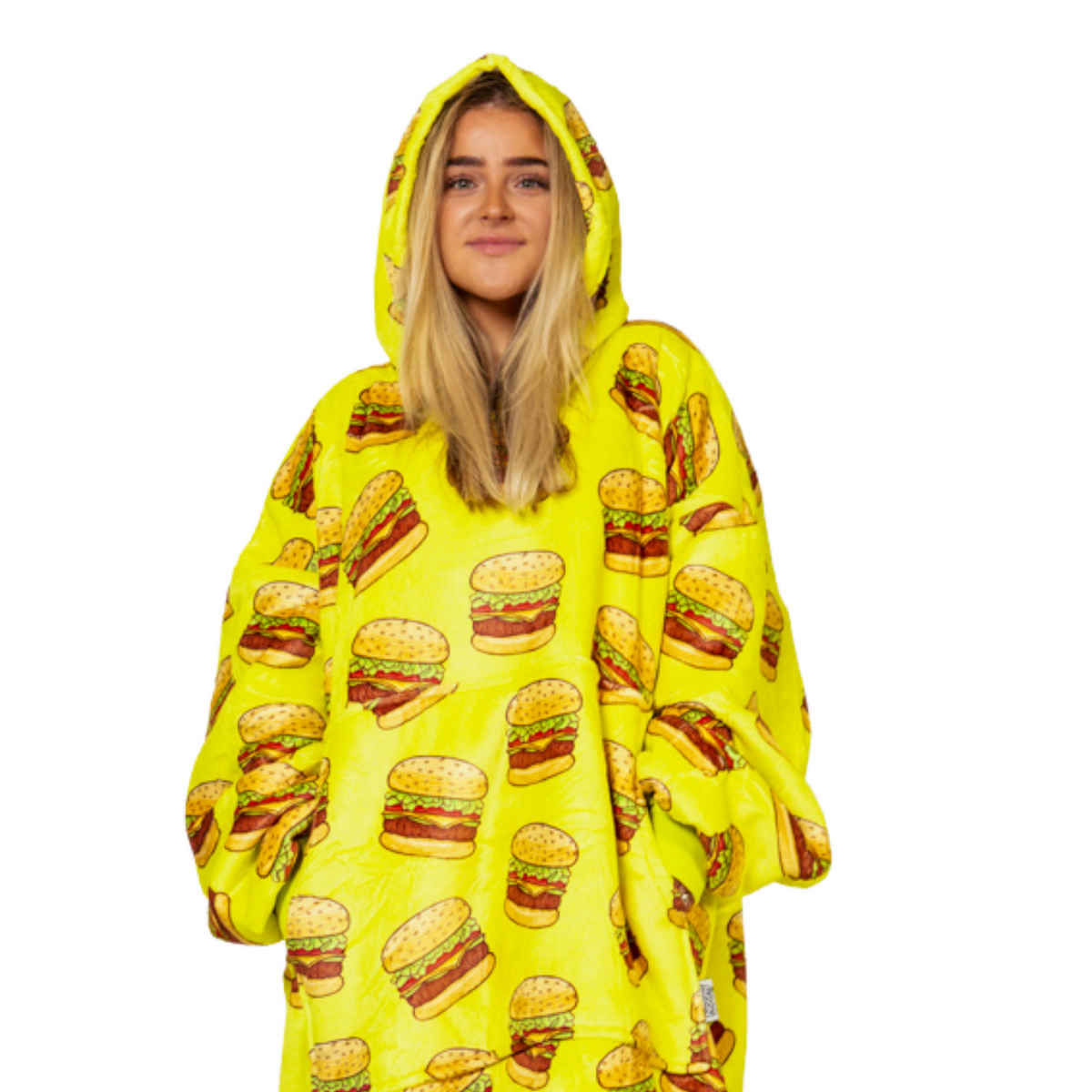 Burger Print Blanket Hoodie with a Sherpa Lining