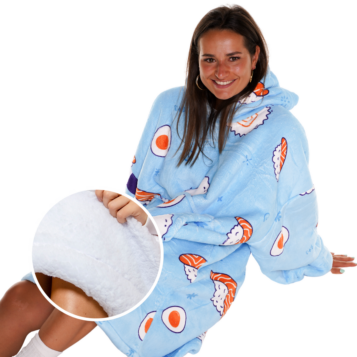 Sushi Print Blanket Hoodie with a Sherpa Lining