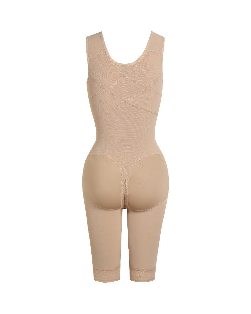 Shapewear bodysuit with hook-and-eye front, wide straps and legs to just above the knee