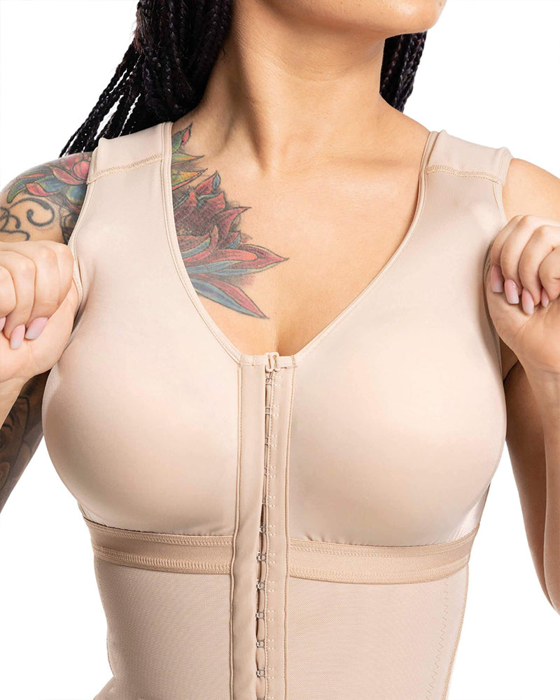 Shapewear bodysuit with hook-and-eye front, wide straps and legs to just above the knee