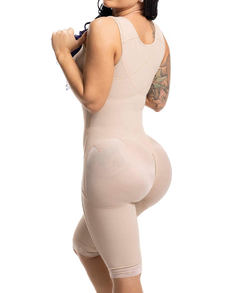 Shapewear bodysuit with hook-and-eye front, wide straps and legs to just above the knee
