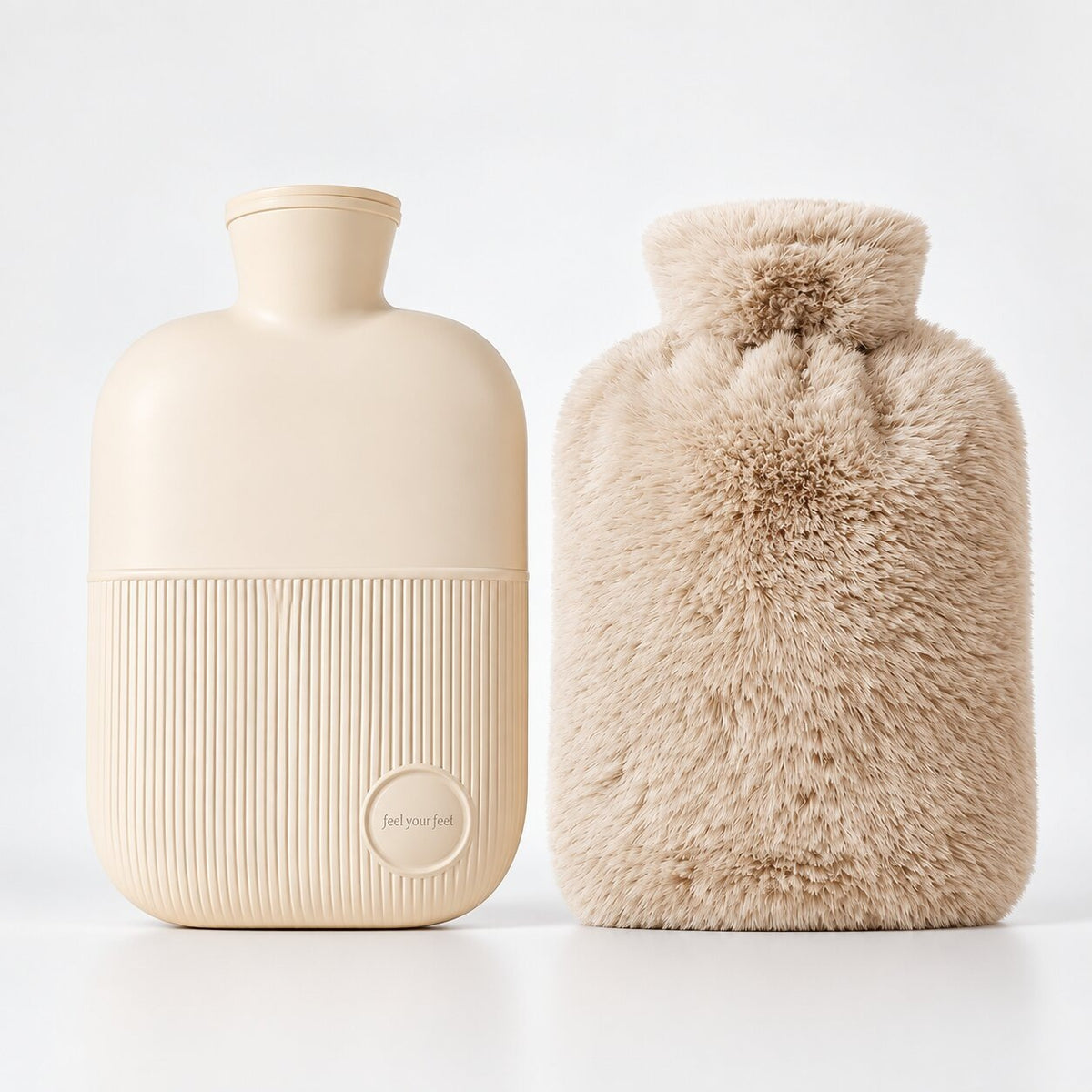 1 litre hot water bottle with a soft fluffy cover - beige