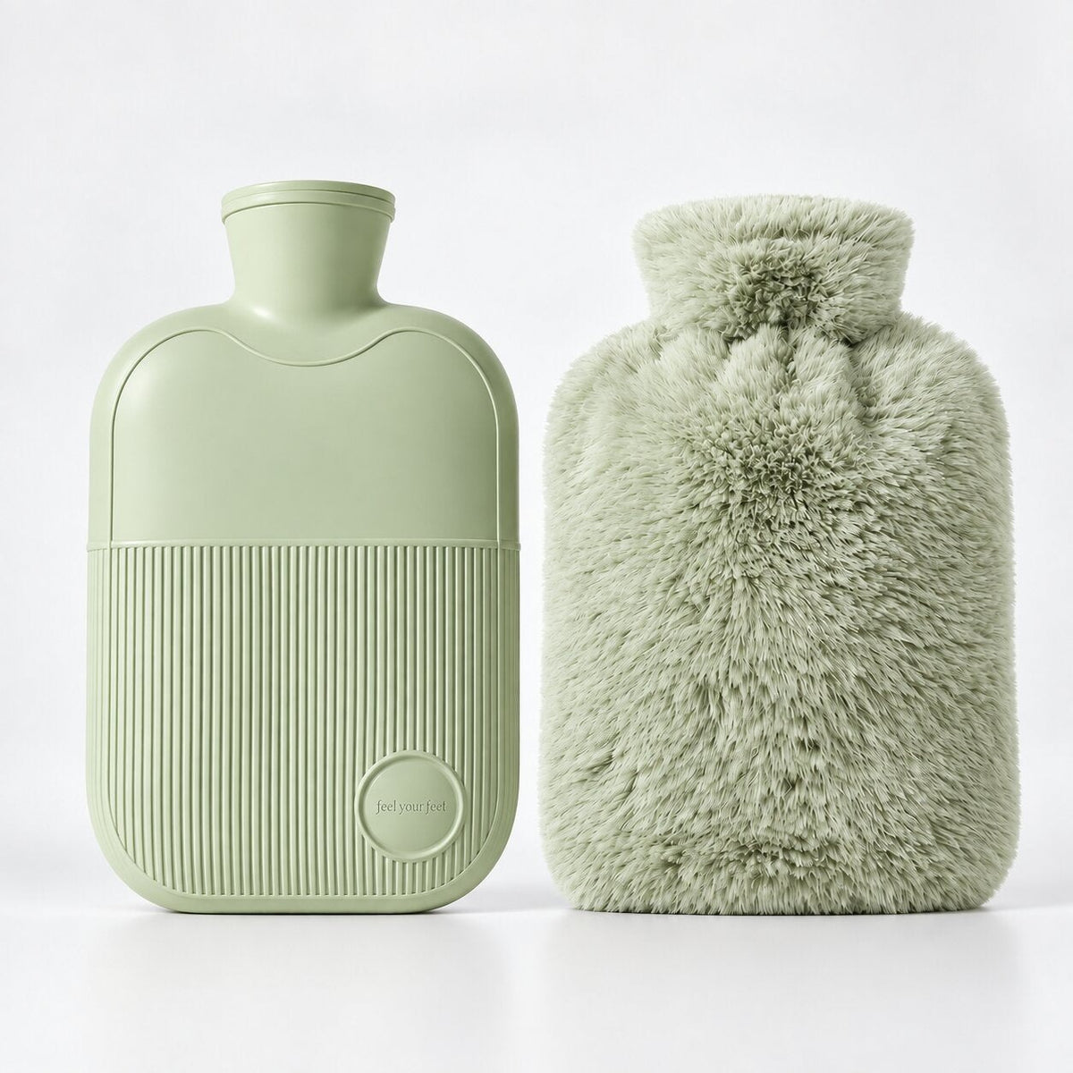 1 litre hot water bottle with a soft fluffy cover - sage green
