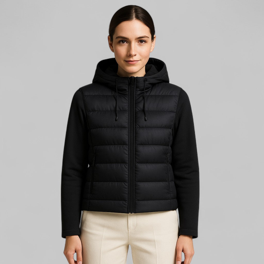 Women's hybrid puffer jacket with a hood and jersey sleeves - black