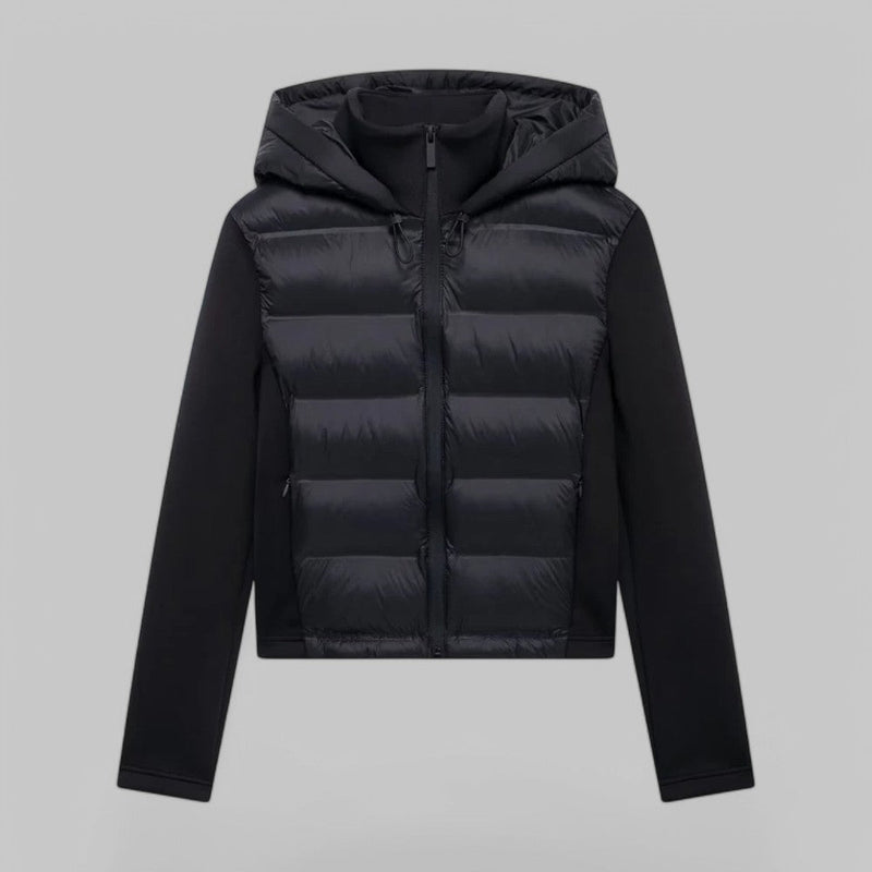Women's hybrid puffer jacket with a hood and jersey sleeves