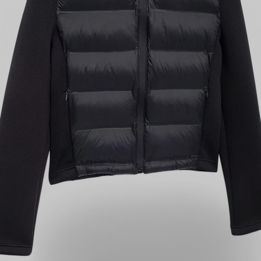 Women's hybrid puffer jacket with a hood and jersey sleeves