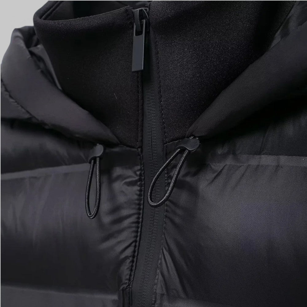 Women's hybrid puffer jacket with a hood and jersey sleeves