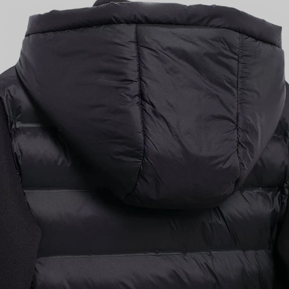 Women's hybrid puffer jacket with a hood and jersey sleeves