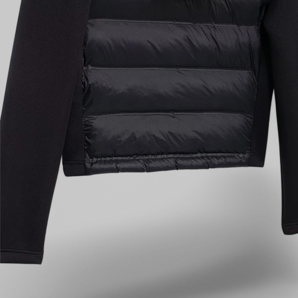 Women's hybrid puffer jacket with a hood and jersey sleeves