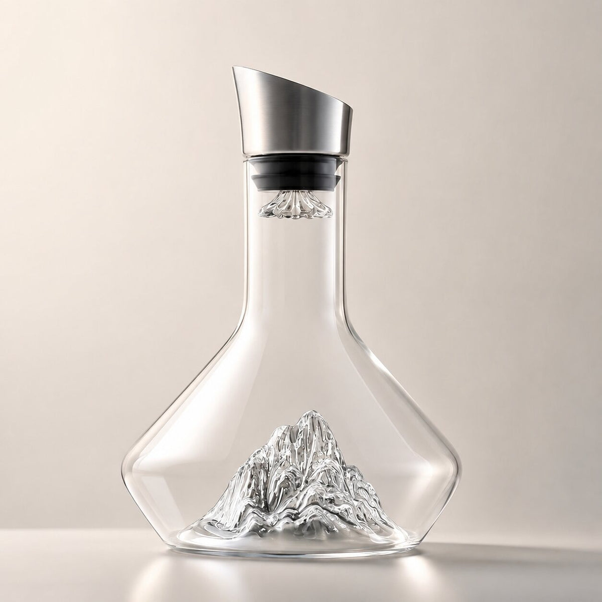 Glass wine decanter with a glass iceberg in the base and a pouring spout