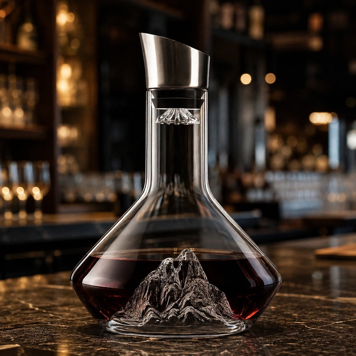 Glass wine decanter with a glass iceberg in the base and a pouring spout - view 2