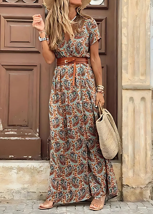 Women's Dress - Airy Boho Maxi Dress With Matching Belt in Pink
