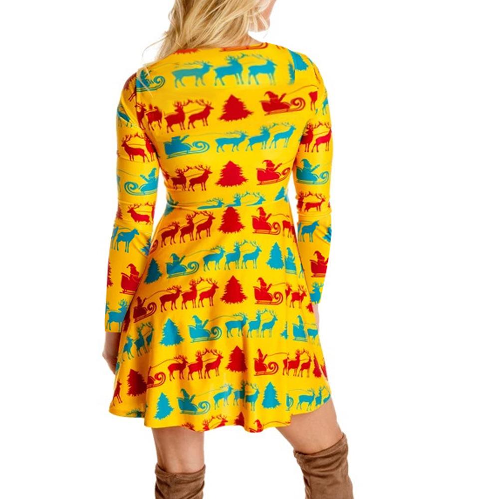 Women's printed jersey Christmas skater dress with long sleeves and a full skirt