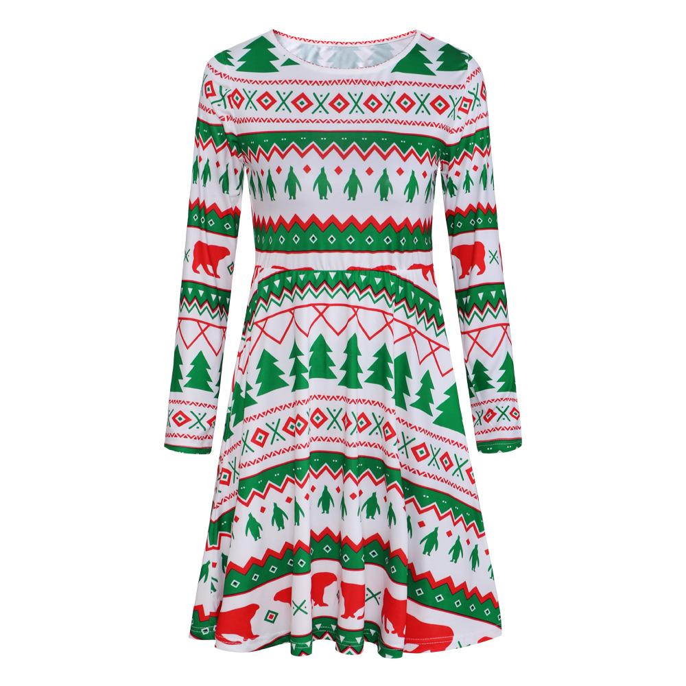 Women's printed jersey Christmas skater dress with long sleeves and a full skirt - white with trees and polar bears