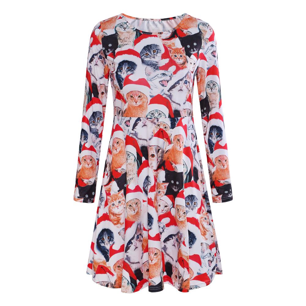 Women's printed jersey Christmas skater dress with long sleeves and a full skirt - cats in santa hats