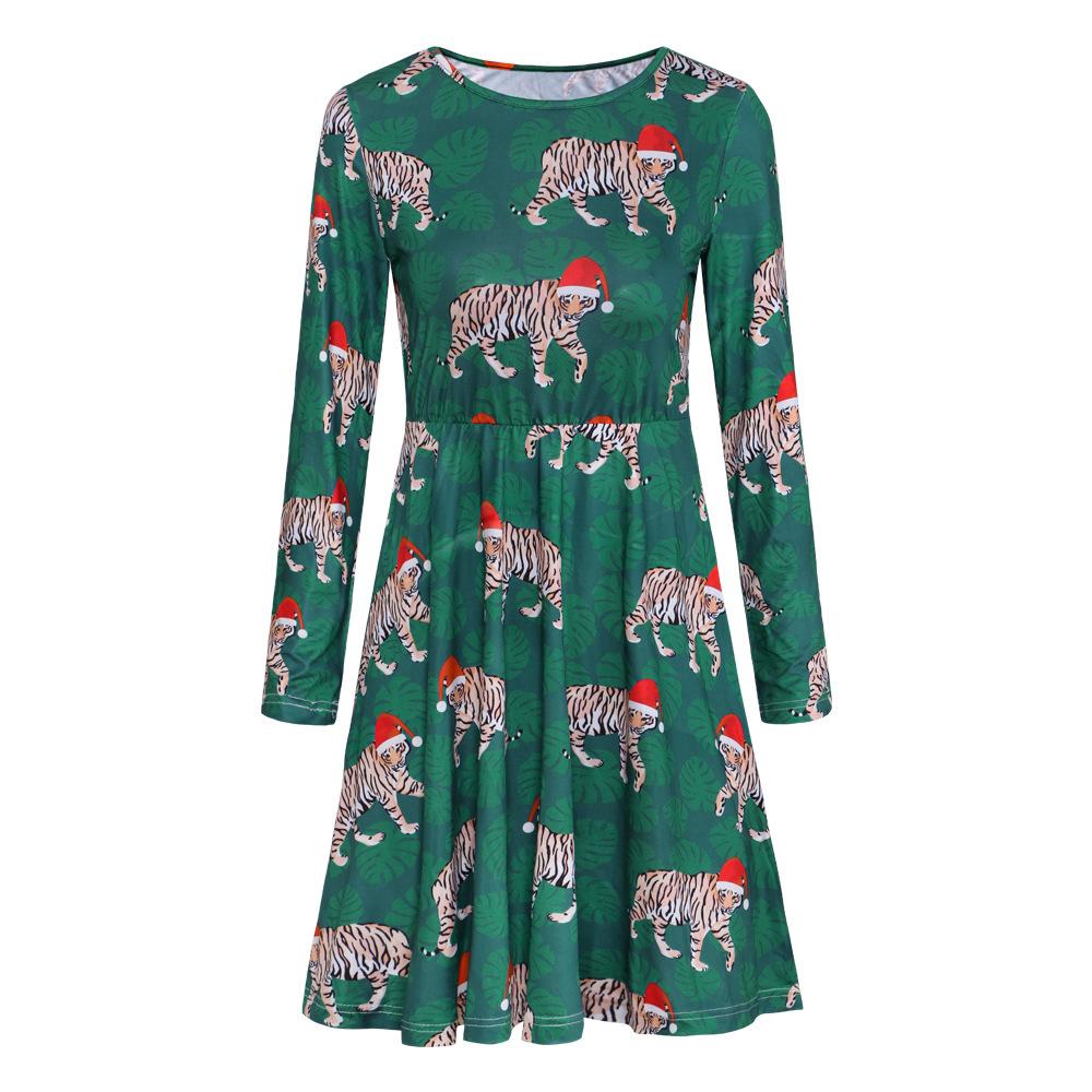 Women's printed jersey Christmas skater dress with long sleeves and a full skirt - green with tigers in santa hats