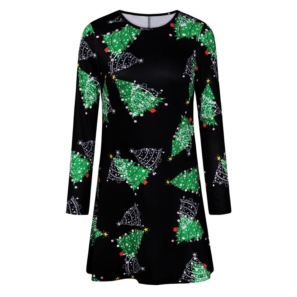 Women's printed jersey Christmas skater dress with long sleeves and a full skirt - black with green christmas trees