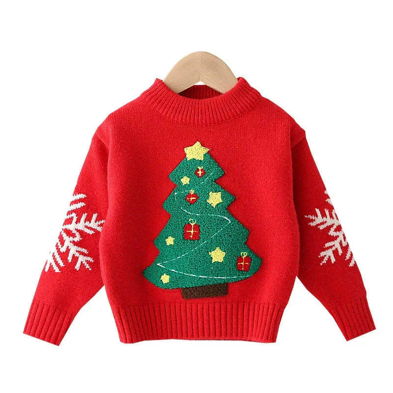 Kids' knitted Christmas jumper with a fluffy tree and snowflakes