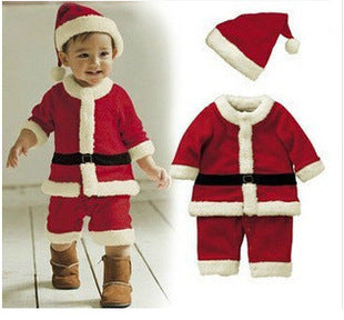 Children's red Father Christmas outfit with white plush trim and a Santa hat - boy: jacket, trousers, belt and hat