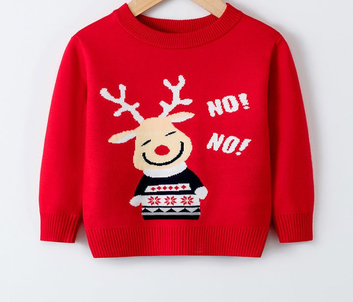 Kids' knitted Christmas jumper with a festive motif on the front - red laughing reindeer