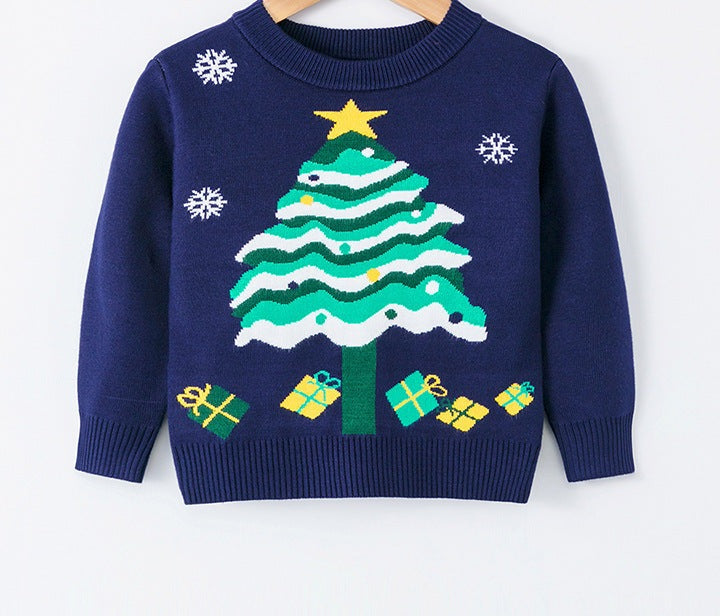Kids' knitted Christmas jumper with a festive motif on the front - navy christmas tree