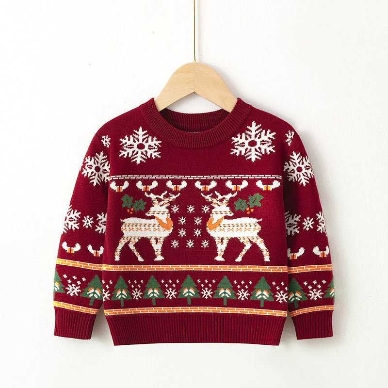 Kids' knitted Christmas jumper with a festive motif on the front - burgundy fair isle