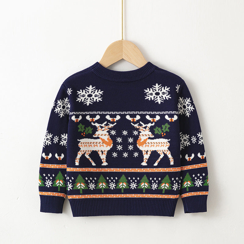 Kids' knitted Christmas jumper with a festive motif on the front - navy fair isle