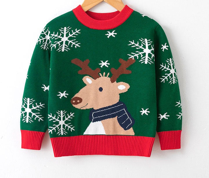 Kids' knitted Christmas jumper with a festive motif on the front - green reindeer with scarf