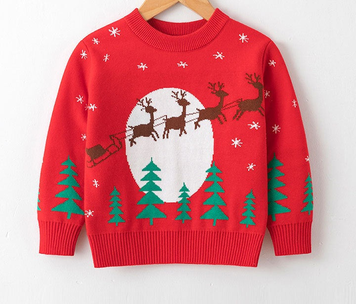 Kids' knitted Christmas jumper with a festive motif on the front - red sleigh