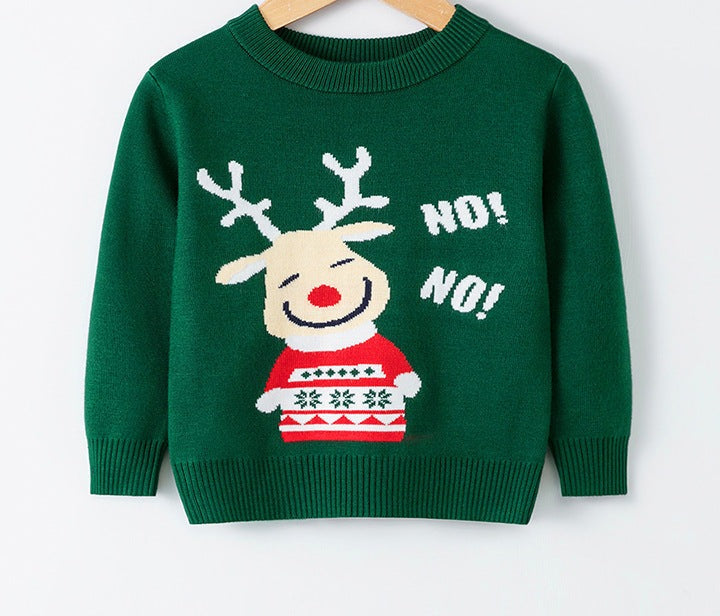 Kids' knitted Christmas jumper with a festive motif on the front - green laughing reindeer