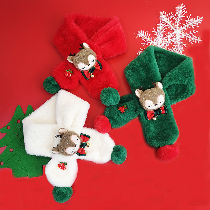 Kids' plush Christmas scarf with a reindeer head, bow and green pompoms