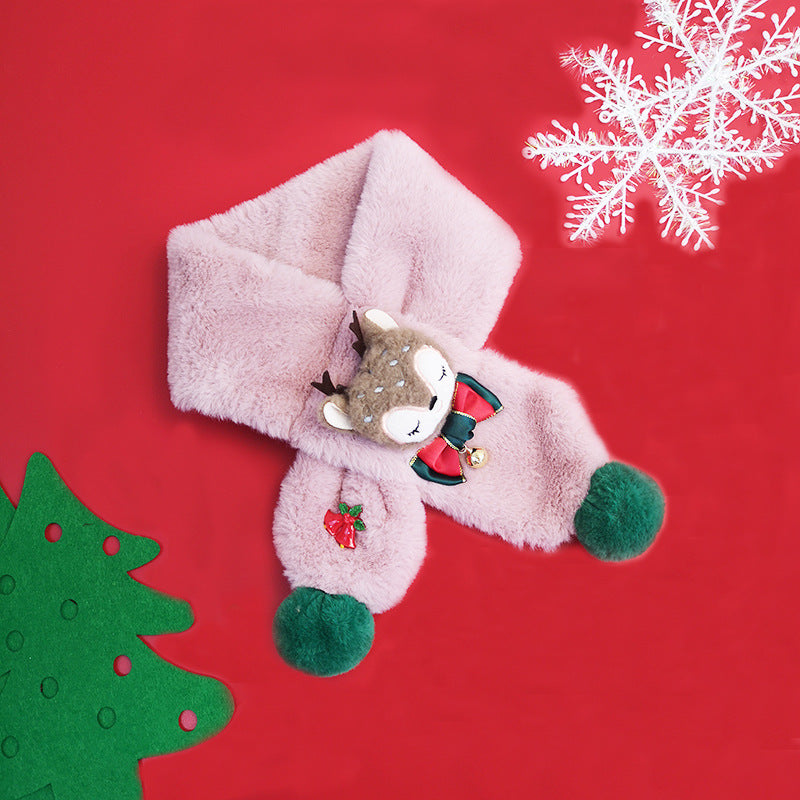 Kids' plush Christmas scarf with a reindeer head, bow and green pompoms - light pink