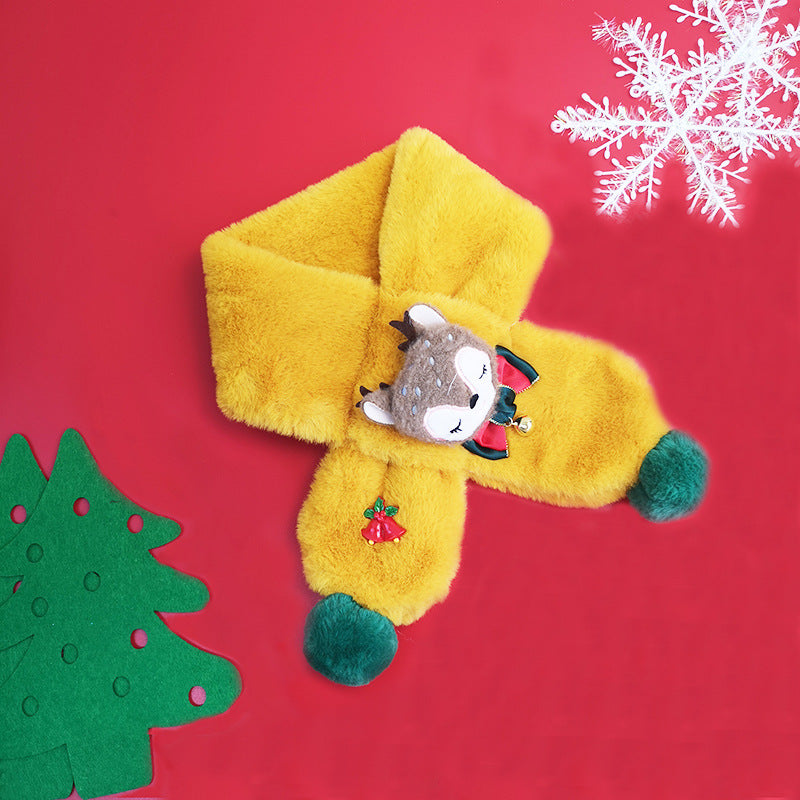 Kids' plush Christmas scarf with a reindeer head, bow and green pompoms - yellow