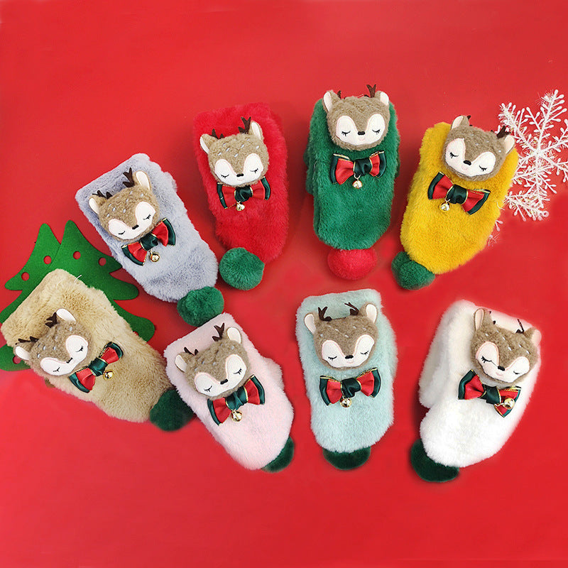 Kids' plush Christmas scarf with a reindeer head, bow and green pompoms