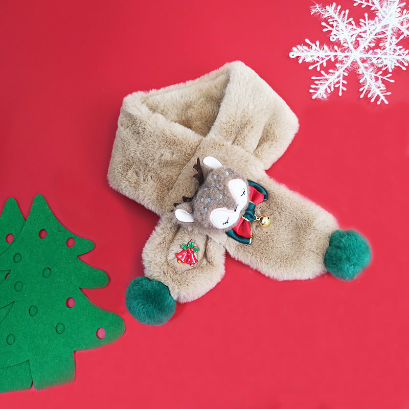 Kids' plush Christmas scarf with a reindeer head, bow and green pompoms - beige