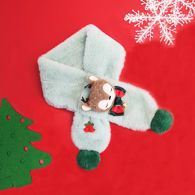 Kids' plush Christmas scarf with a reindeer head, bow and green pompoms - mint green