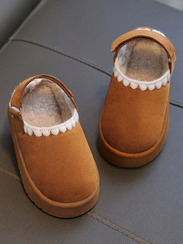 Kids slippers in a suede look with a hook-and-loop heel strap, plush lining and scalloped trim - camel