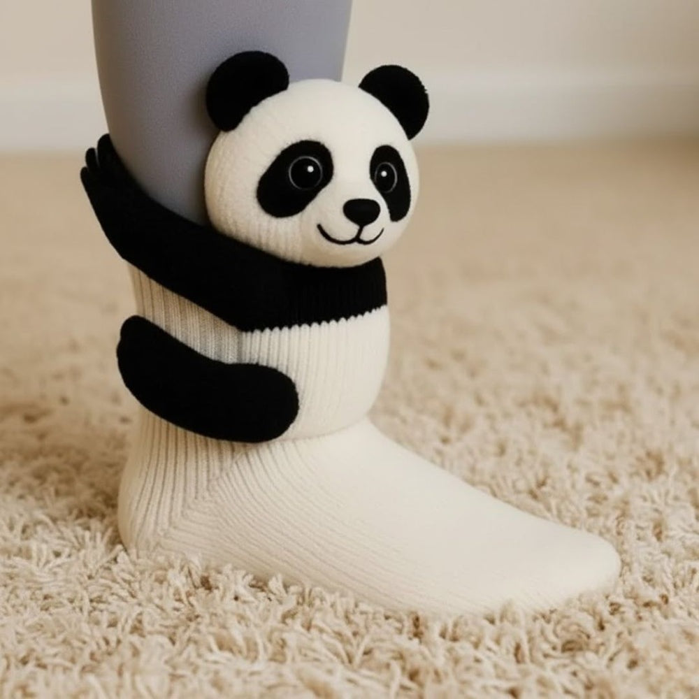 Kids' socks with a knitted 3D animal wrapping its arms around the leg - panda