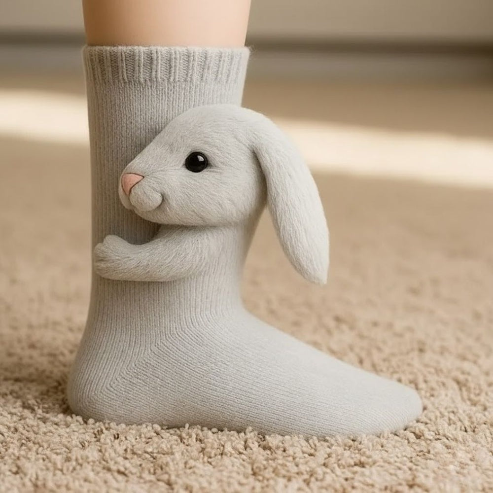 Kids' socks with a knitted 3D animal wrapping its arms around the leg - rabbit