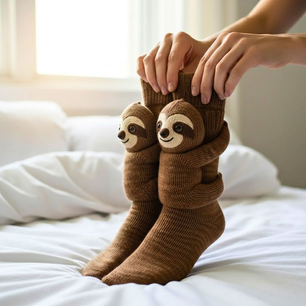 Kids' socks with a knitted 3D animal wrapping its arms around the leg