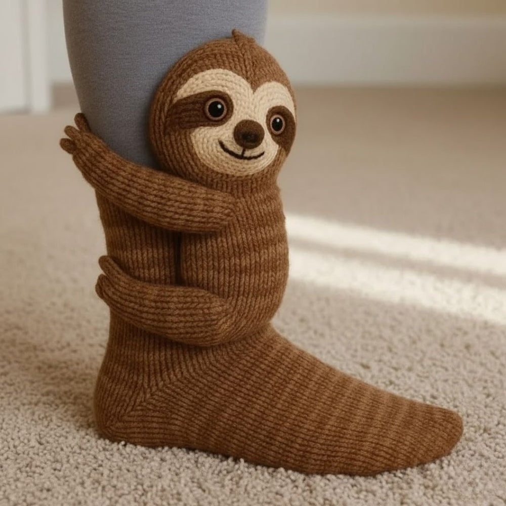 Kids' socks with a knitted 3D animal wrapping its arms around the leg - sloth