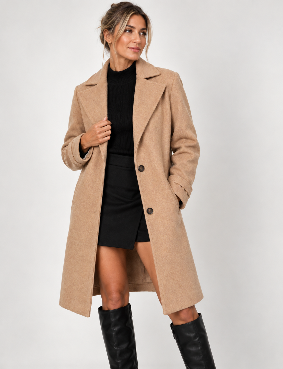 Women's knee-length coat with a notch lapel and flap pockets - camel