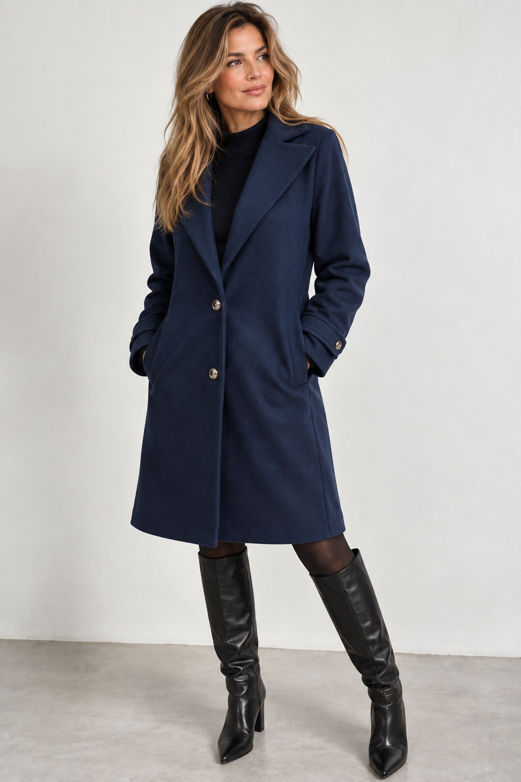 Women's knee-length coat with a notch lapel and flap pockets - navy