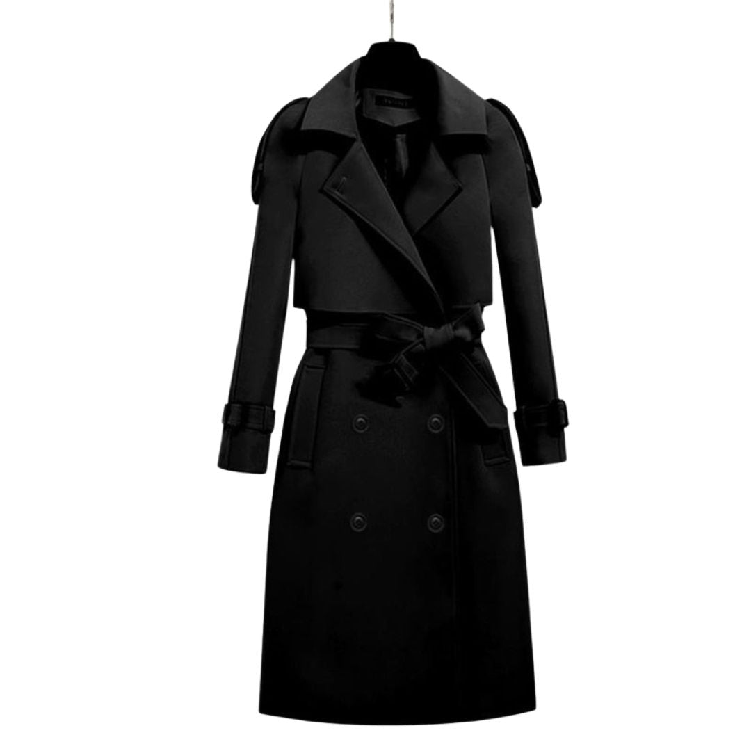 Women's knee-length trench coat with epaulettes and a tie belt - black