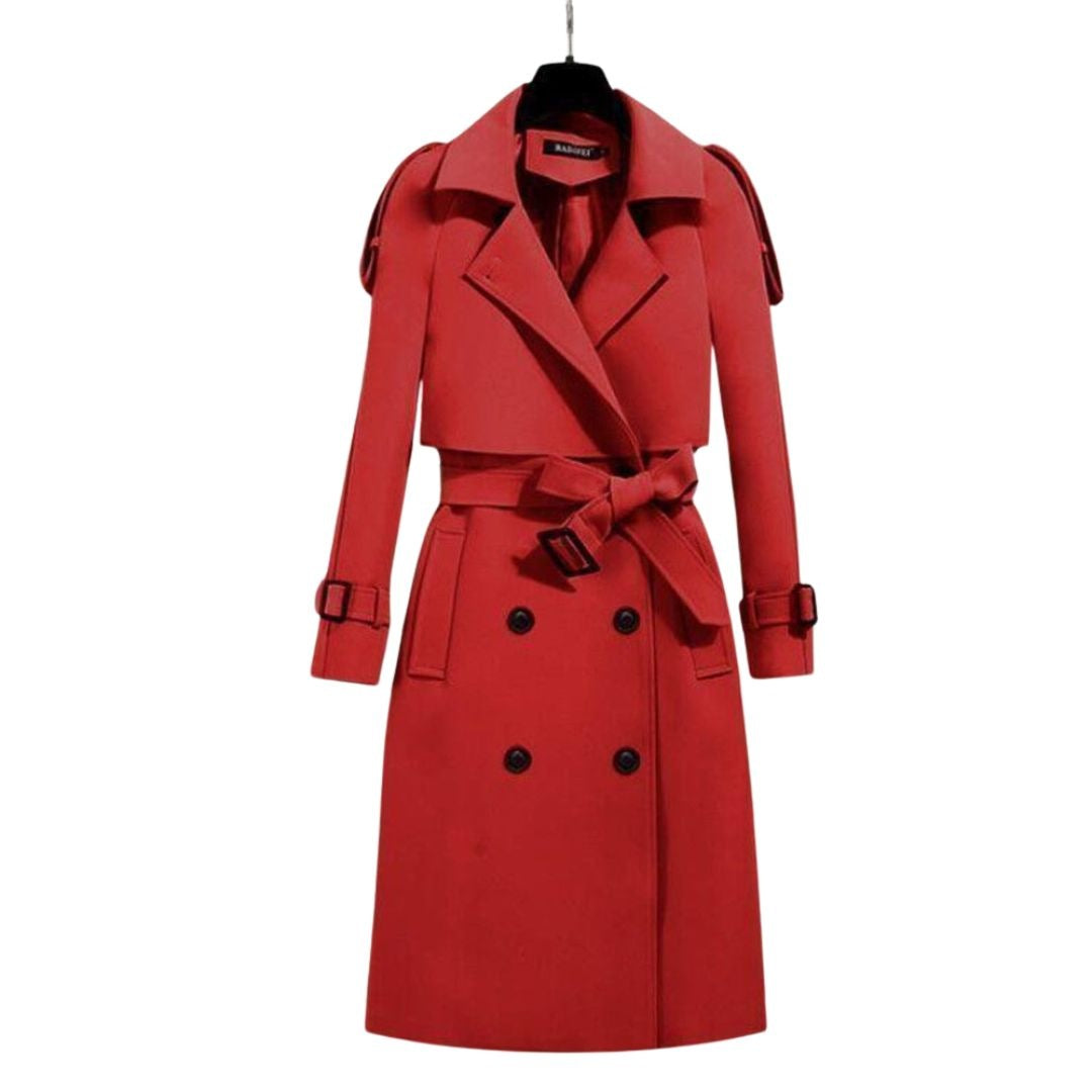 Women's knee-length trench coat with epaulettes and a tie belt - red