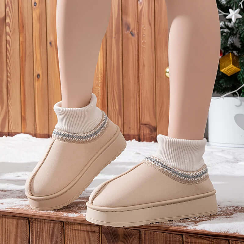 Platform slippers in suede look with a ribbed knit cuff over the ankle