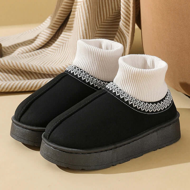 Platform slippers in suede look with a ribbed knit cuff over the ankle - black
