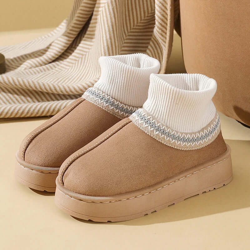 Platform slippers in suede look with a ribbed knit cuff over the ankle - view 6
